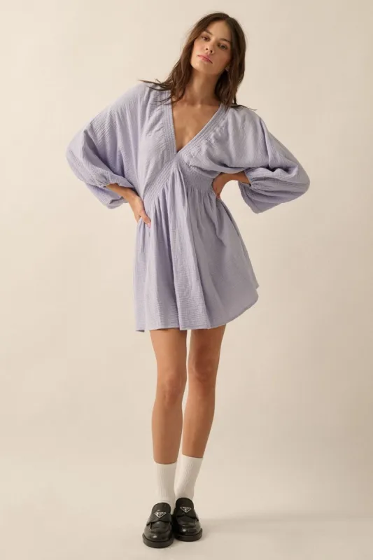Violet Blue Crinkle Cotton V-Neck Dolman-Sleeve Mini Dress sold by Pinkblush
