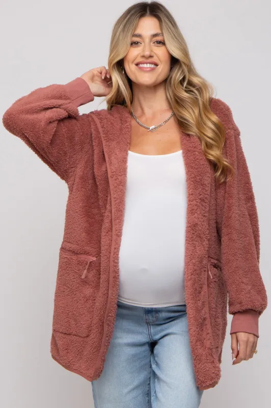 Mauve Fuzzy Knit Hooded Maternity Jacket sold by Pinkblush