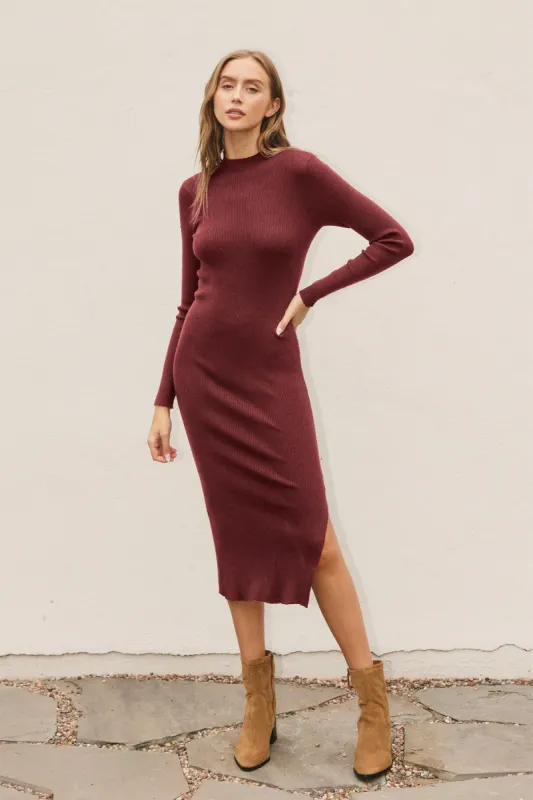 Dark Red Ribbed Fitted Mock Neck Long Sleeve Midi Dress sold by Pinkblush