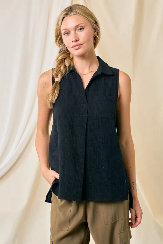 Black Split Neck Collar Sleeveless Shirt sold by Pinkblush