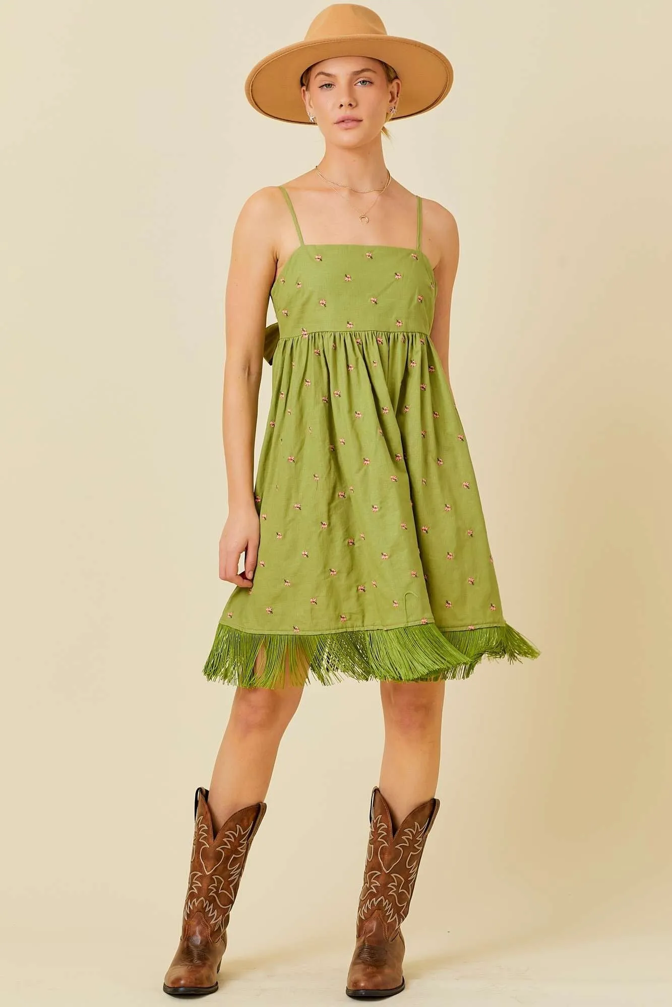 Green Floral Embroidered Back Cutout Tassel Fringe Dress sold by Pinkblush product image thumbnail 4