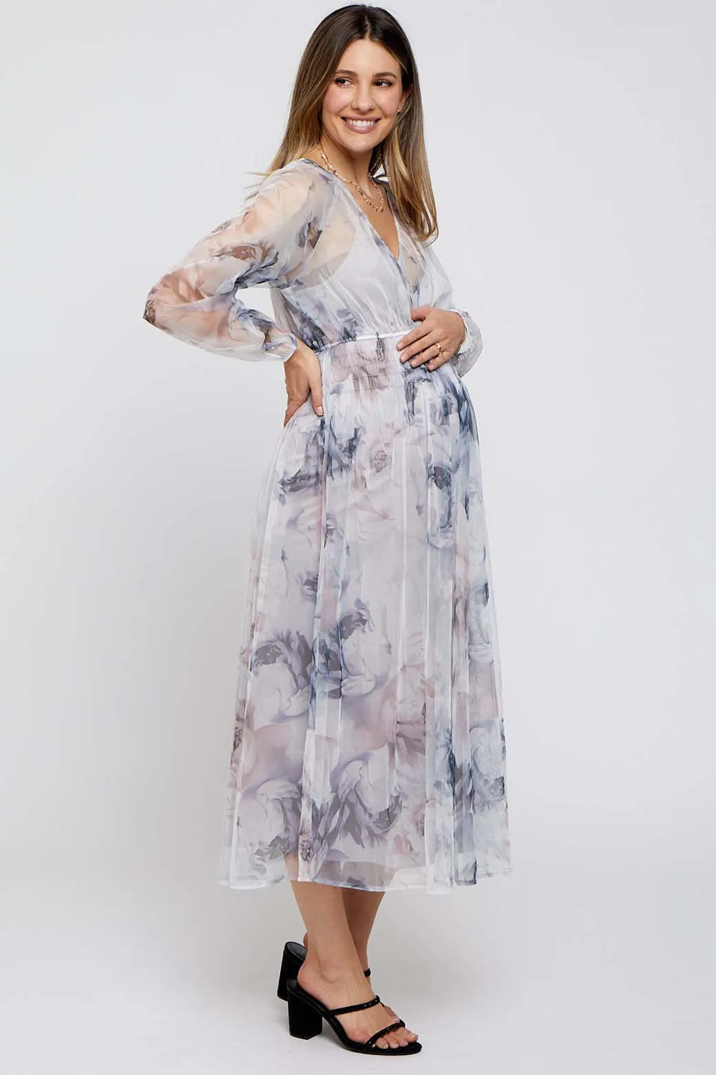 Grey Floral Mesh Smocked Maternity Midi Dress sold by Pinkblush product image thumbnail 2