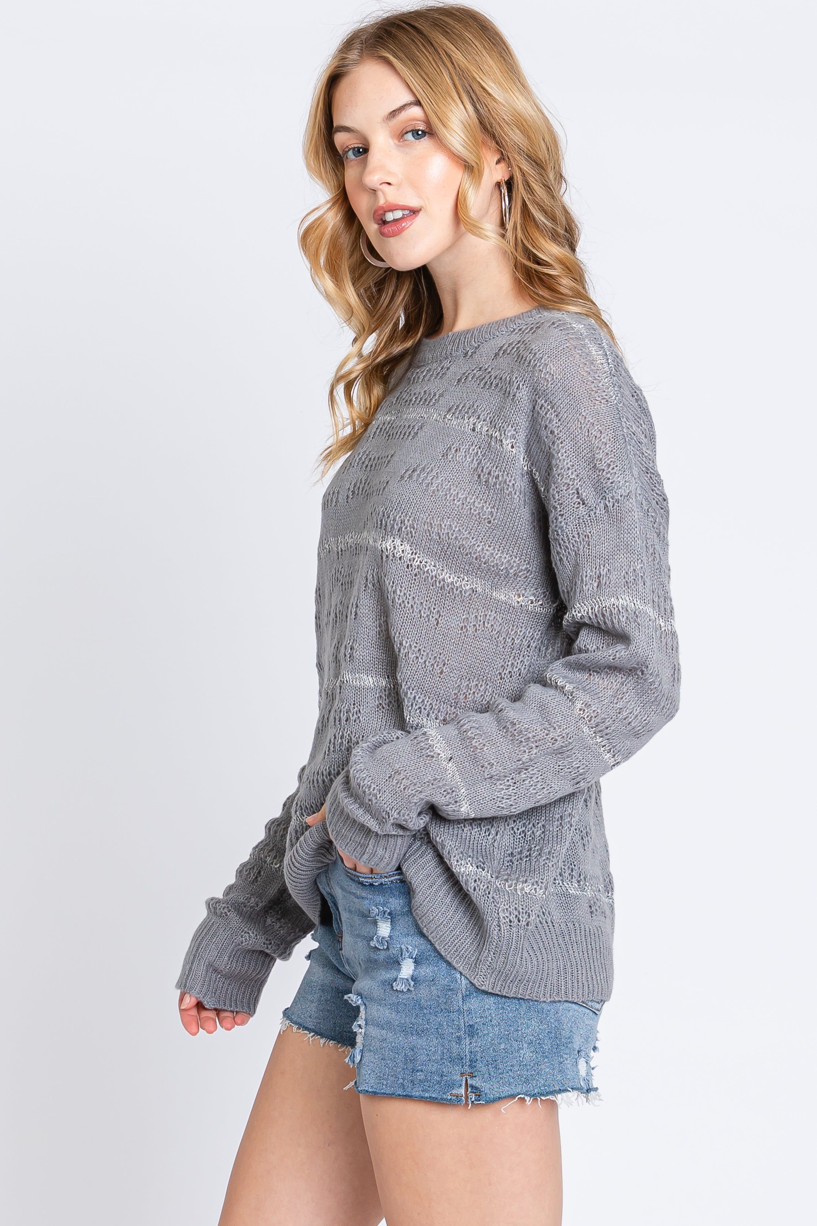 Grey Striped Open Knit Top sold by Pinkblush product image thumbnail 2