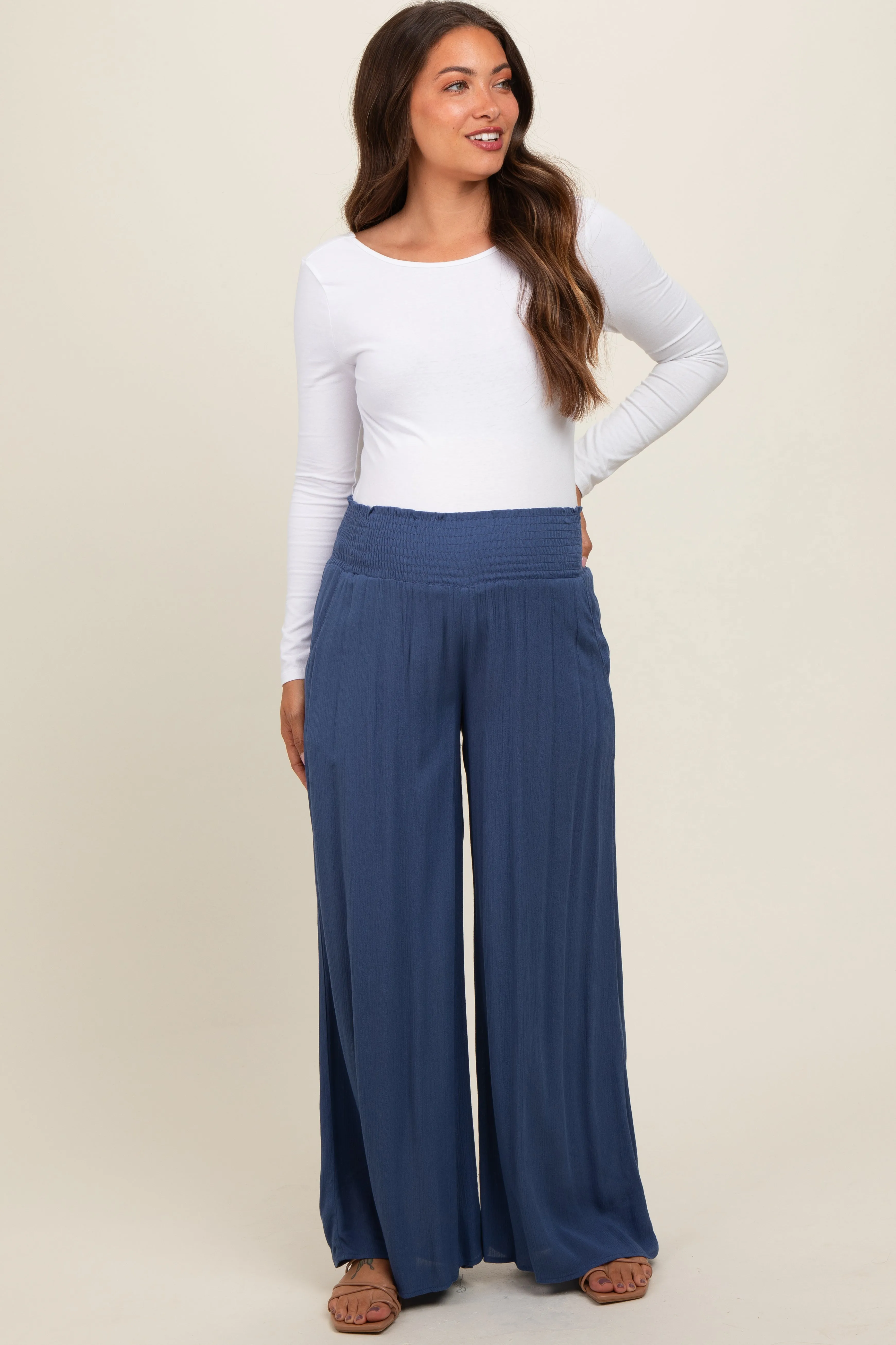 Navy Wide Smock Waist Maternity Pants sold by Pinkblush