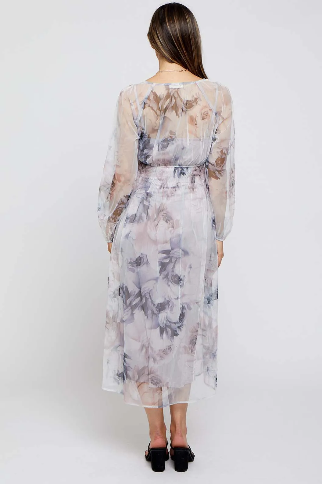 Grey Floral Mesh Smocked Maternity Midi Dress sold by Pinkblush product image thumbnail 3