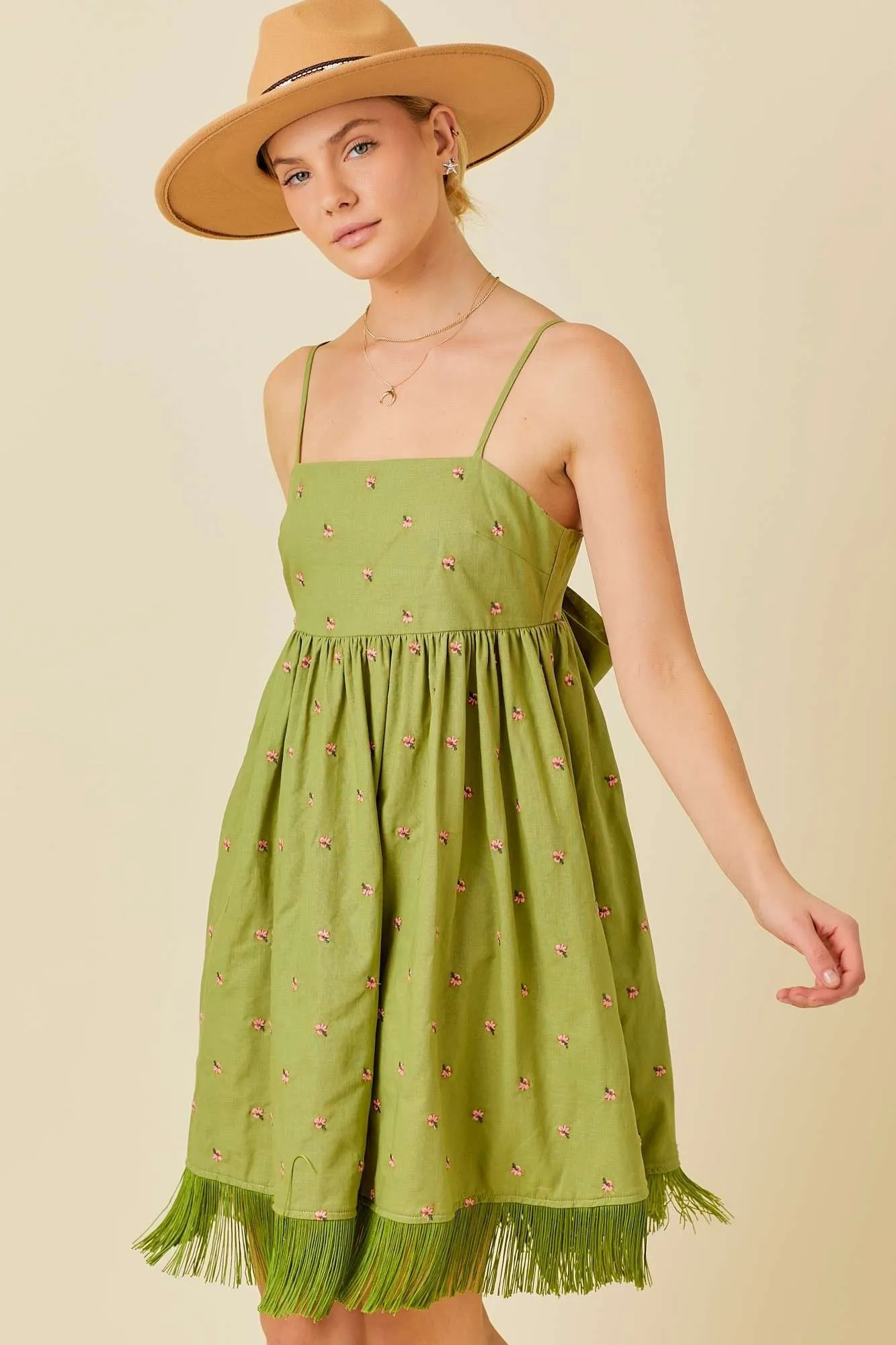 Green Floral Embroidered Back Cutout Tassel Fringe Dress sold by Pinkblush product image thumbnail 2