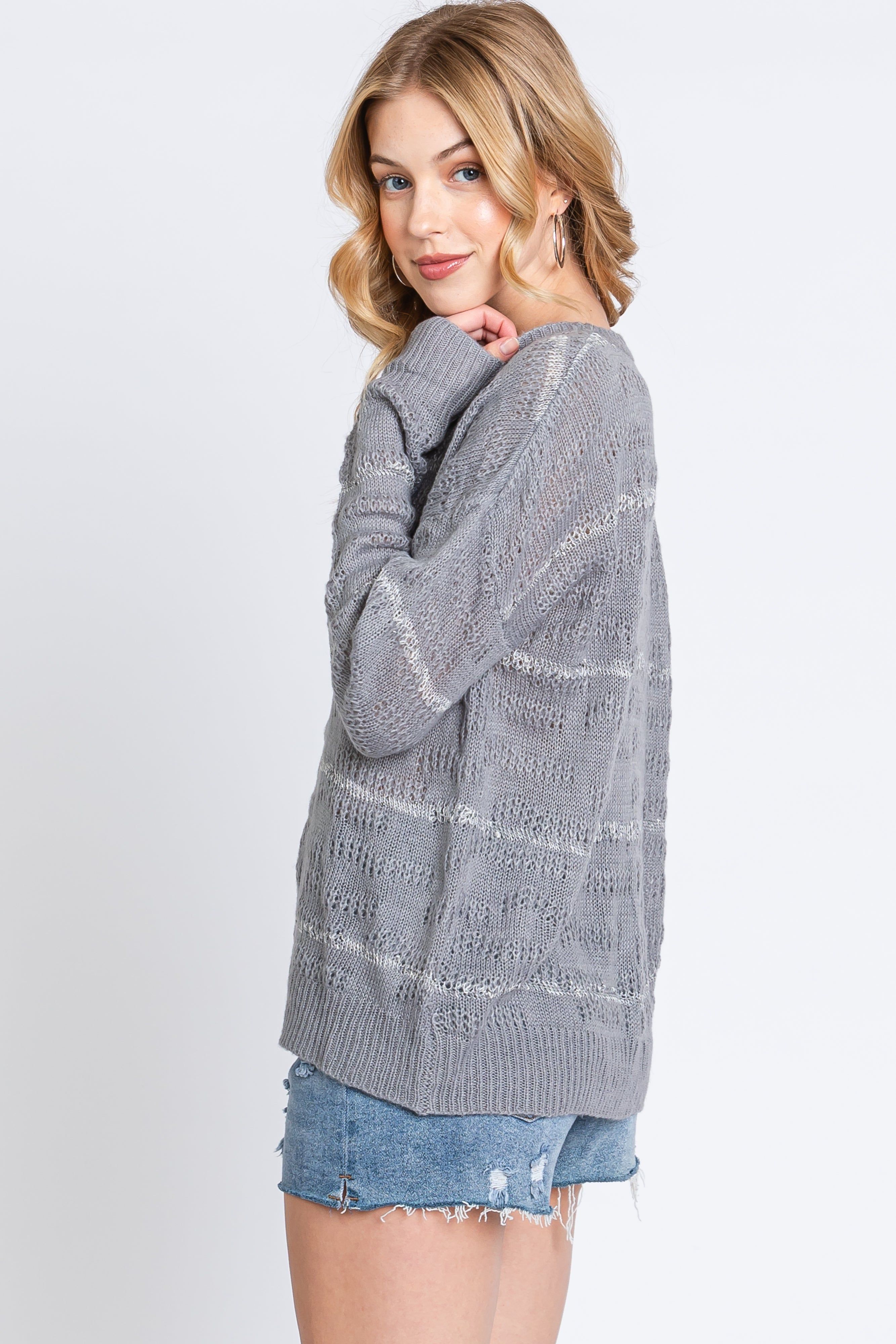 Grey Striped Open Knit Top sold by Pinkblush product image thumbnail 3