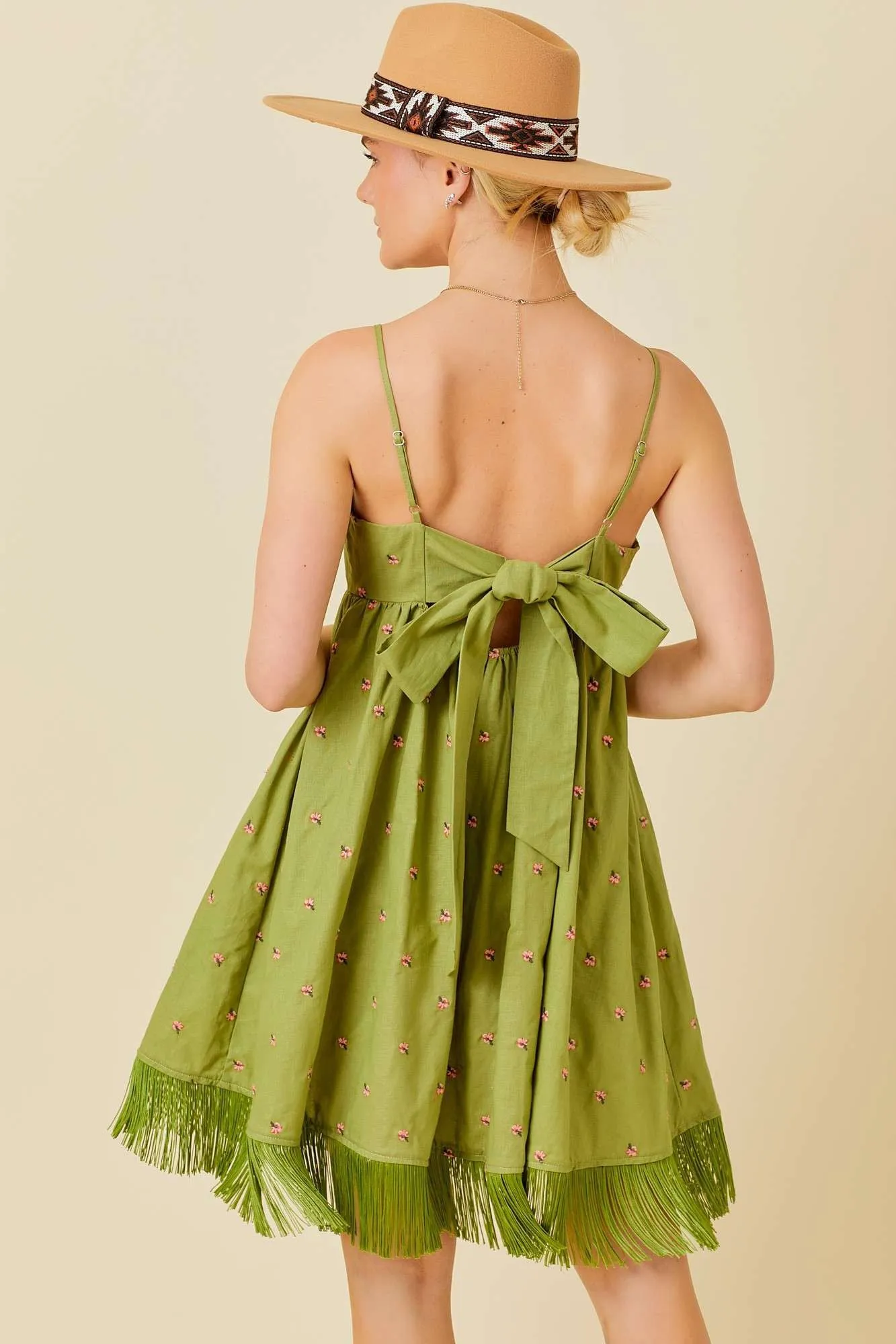 Green Floral Embroidered Back Cutout Tassel Fringe Dress sold by Pinkblush product image thumbnail 3