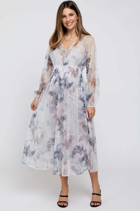 Grey Floral Mesh Smocked Maternity Midi Dress sold by Pinkblush