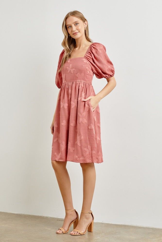 Mauve Textured Floral Square Neck Puff Sleeve Dress sold by Pinkblush