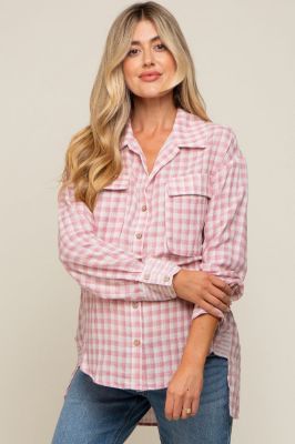 Mauve Plaid Front Pocket Hi-Low Maternity Top made by Pinkblush
