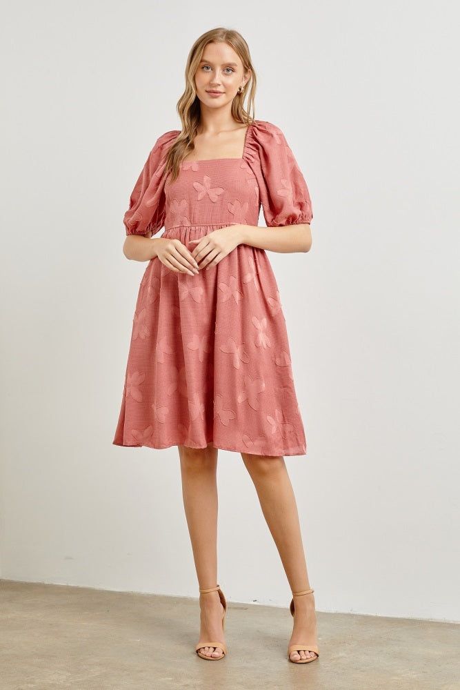 Mauve Textured Floral Square Neck Puff Sleeve Dress sold by Pinkblush product image thumbnail 2