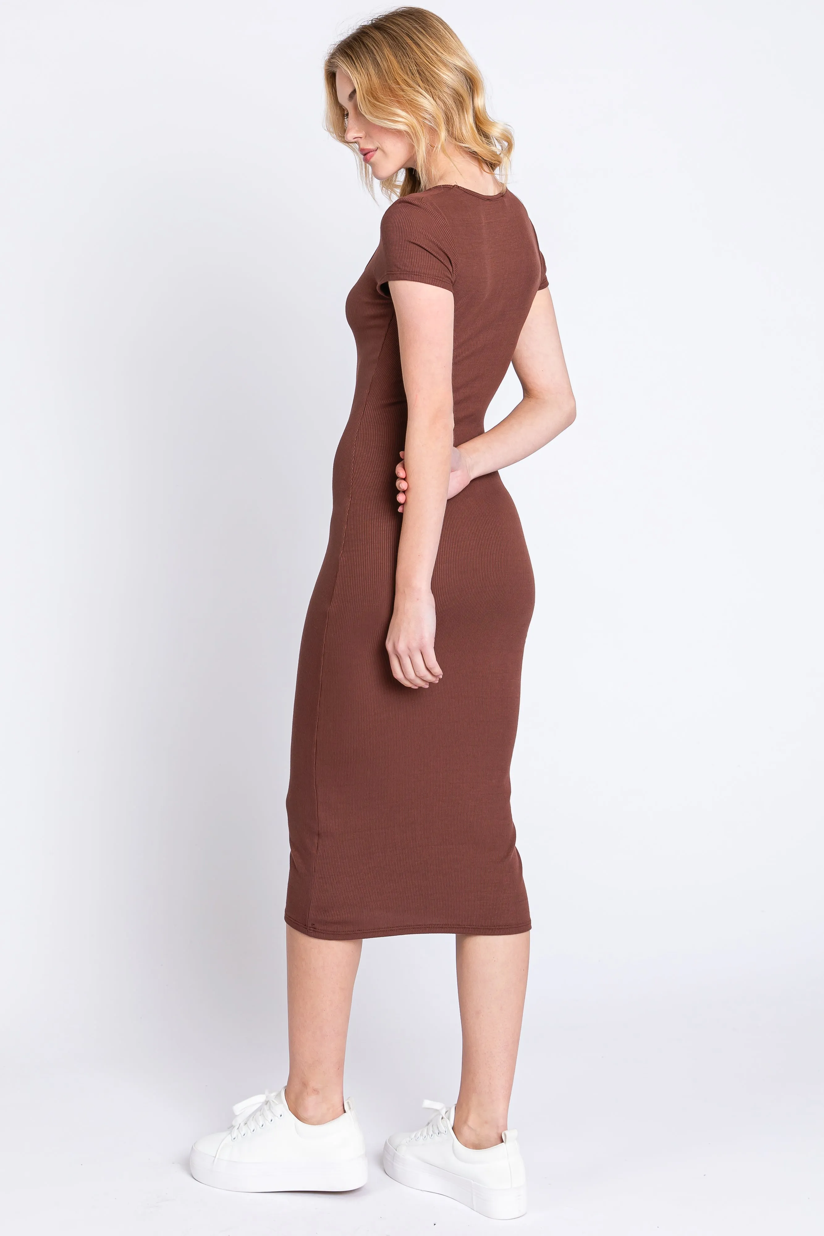 Brown Rib Knit Short Sleeve Midi Dress sold by Pinkblush product image thumbnail 3
