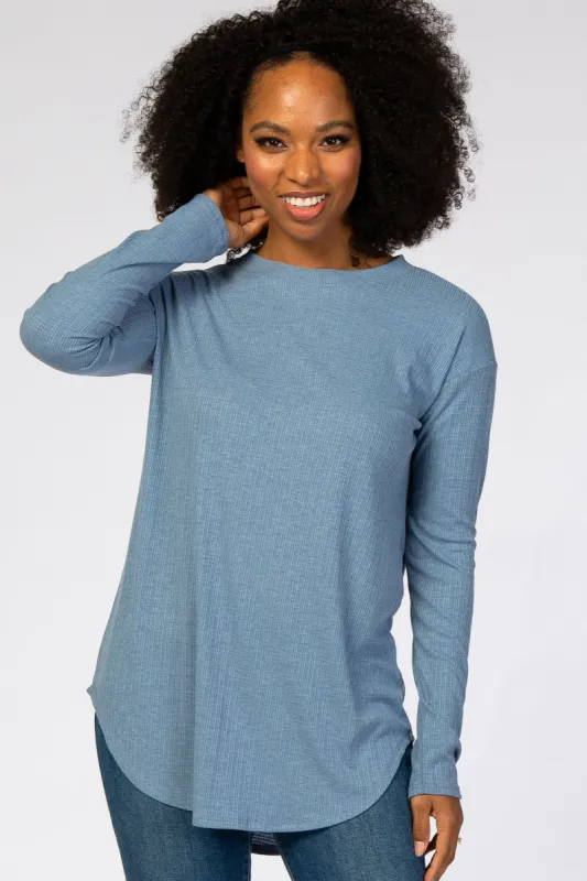 Denim Blue Long Sleeve Ribbed Top sold by Pinkblush
