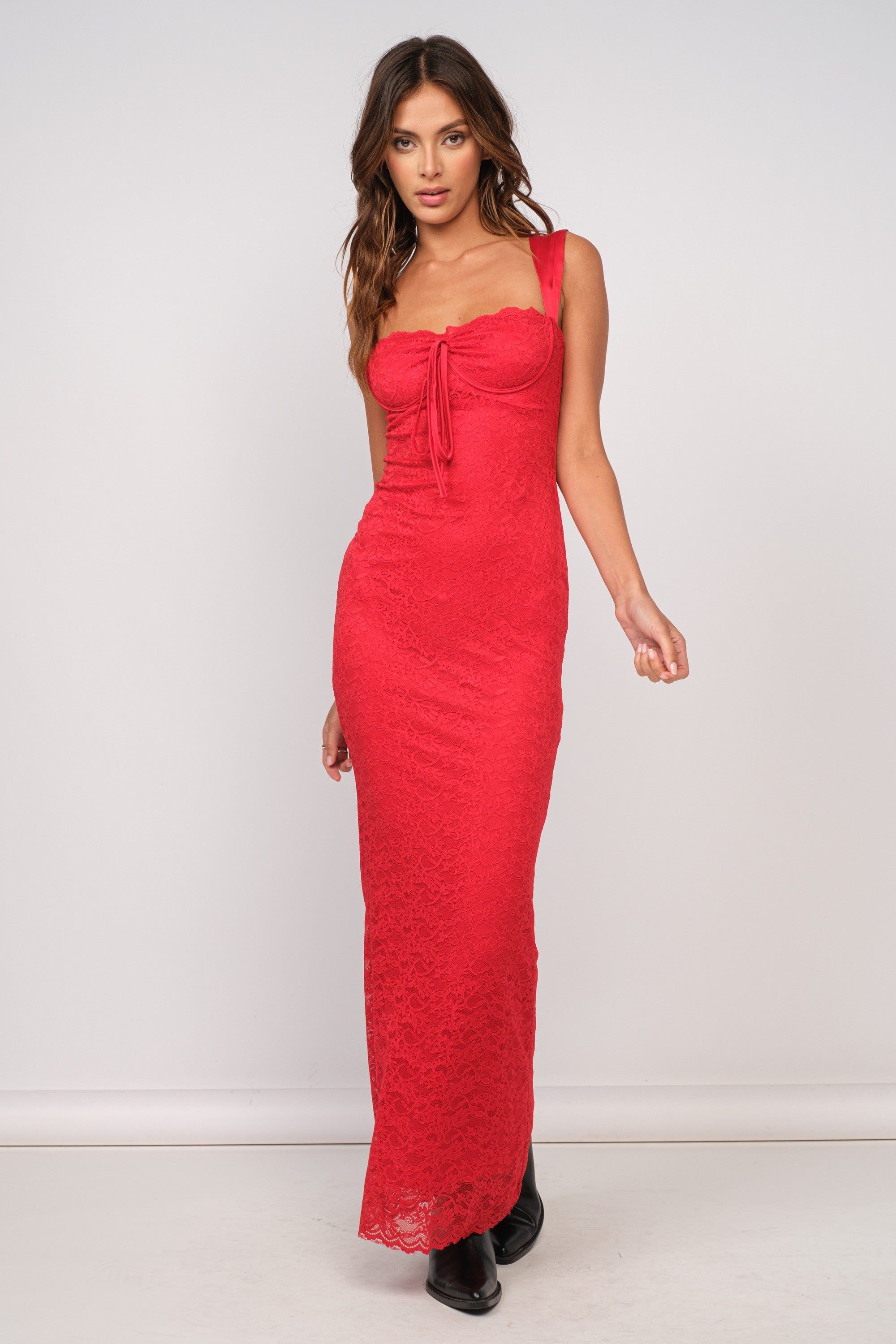 Red Satin Fitted Maxi Dress sold by Pinkblush