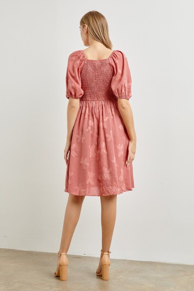 Mauve Textured Floral Square Neck Puff Sleeve Dress sold by Pinkblush product image thumbnail 3