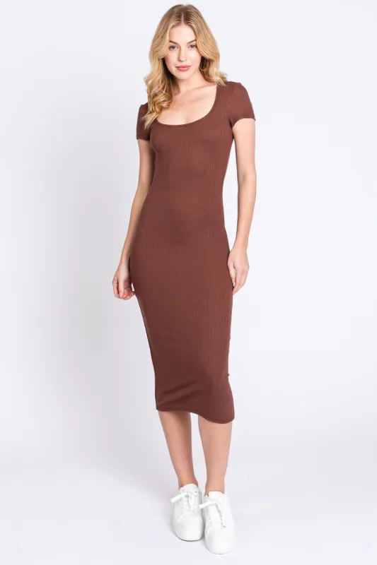 Brown Rib Knit Short Sleeve Midi Dress sold by Pinkblush