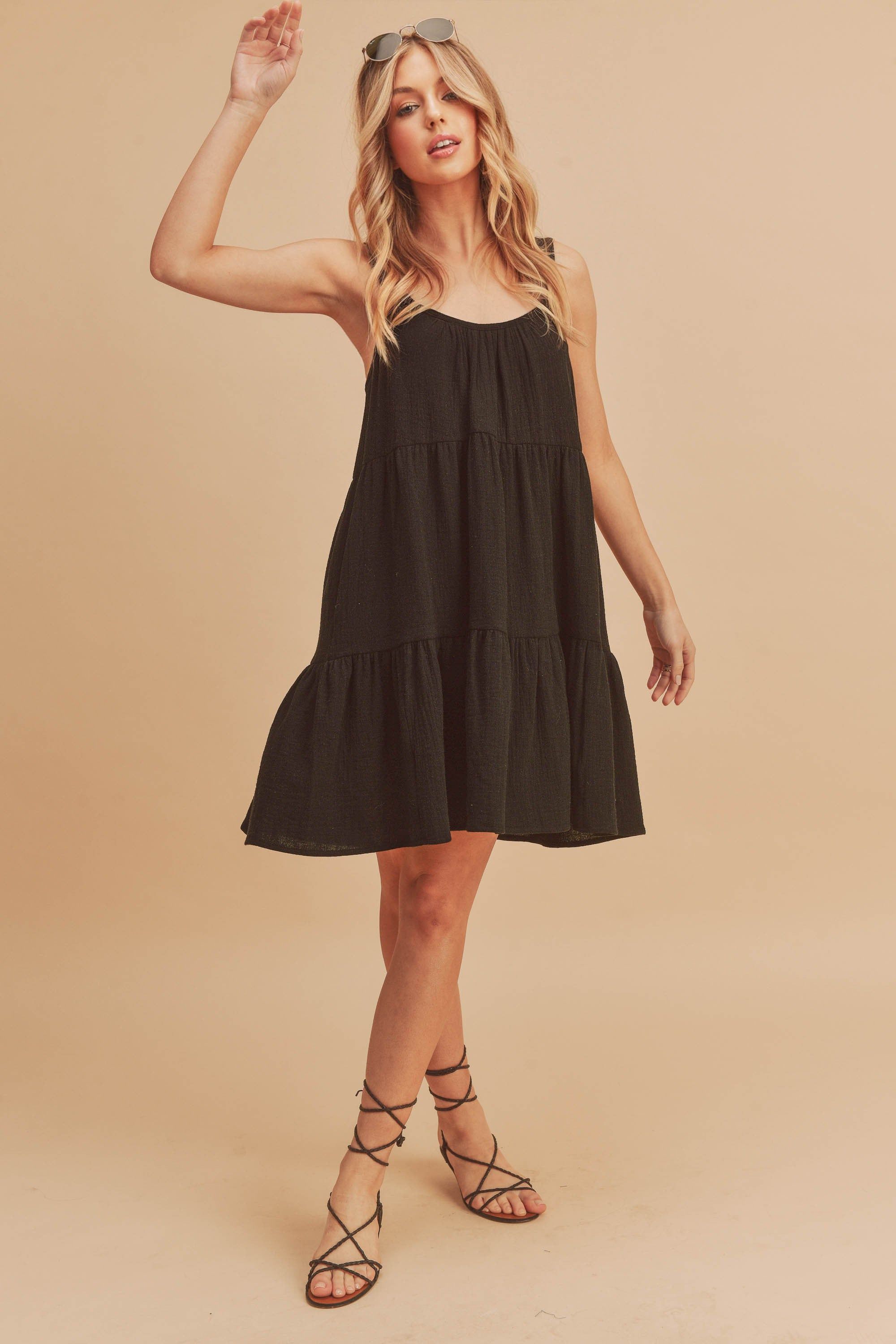 Black Sleeveless Tiered Ruffle Hem Dress sold by Pinkblush