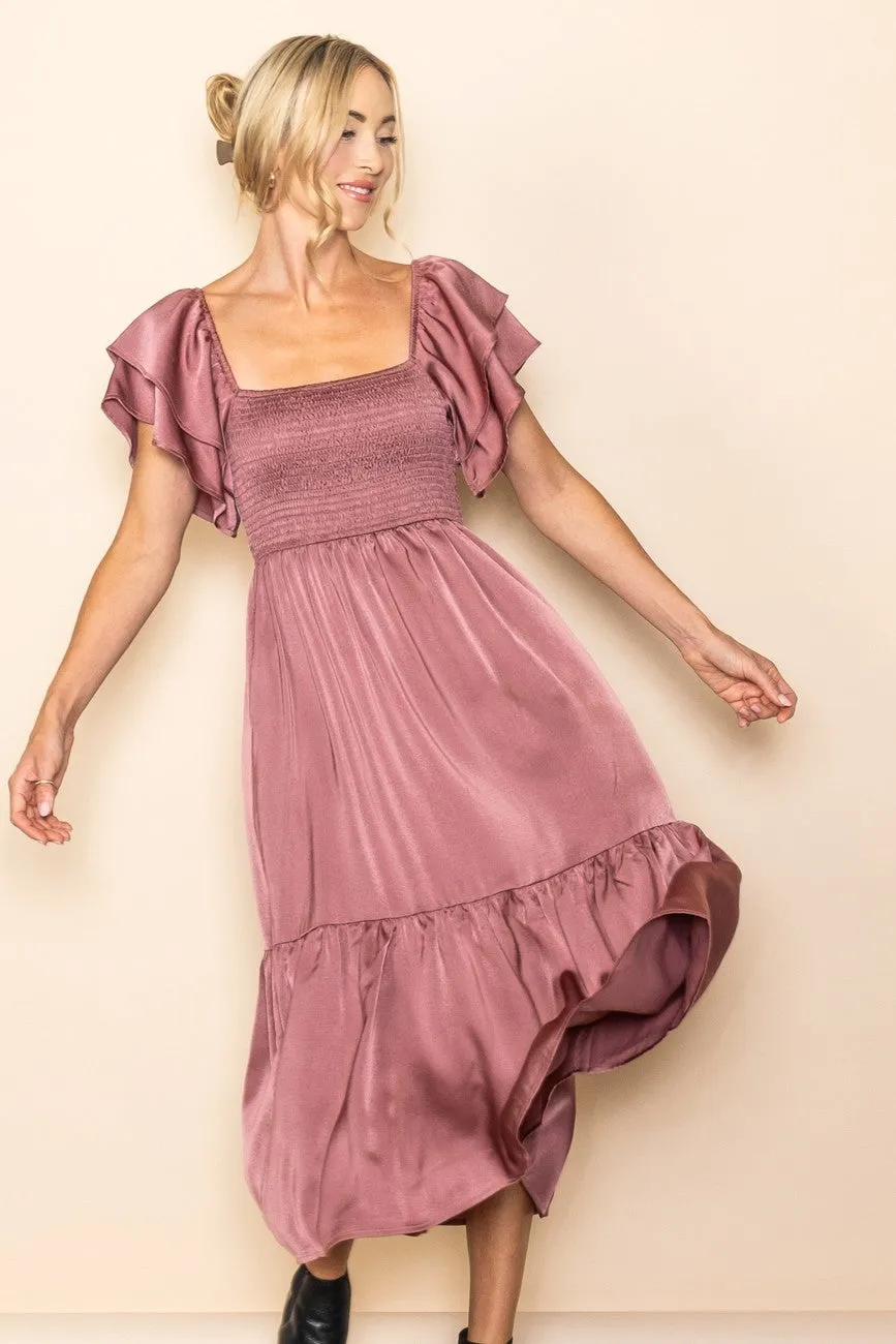 Mauve Satin Flutter Sleeve Midi Dress sold by Pinkblush product image thumbnail 4