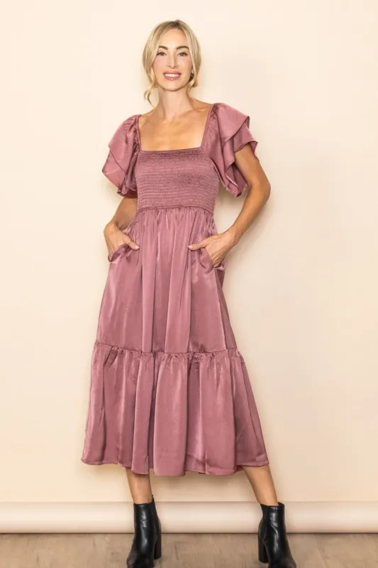 Mauve Satin Flutter Sleeve Midi Dress sold by Pinkblush