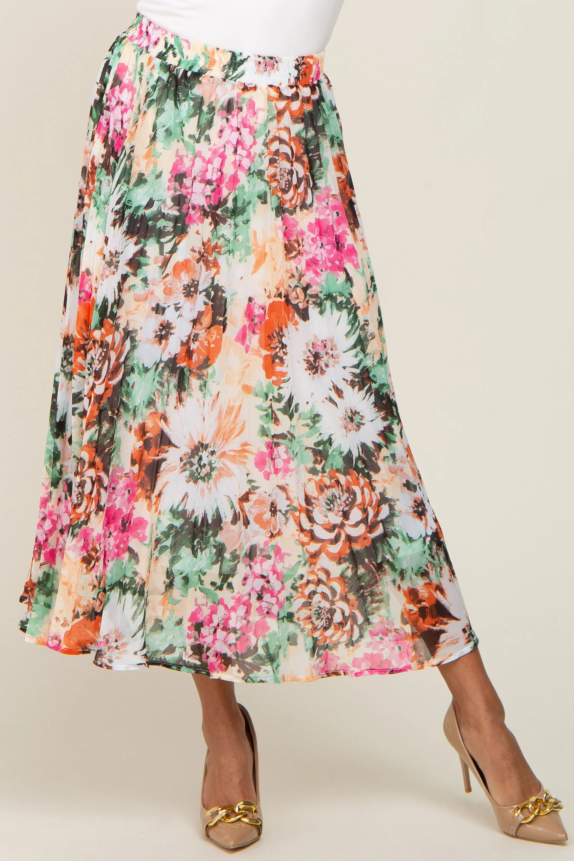 Orange Floral Pleated Midi Skirt sold by Pinkblush product image thumbnail 3