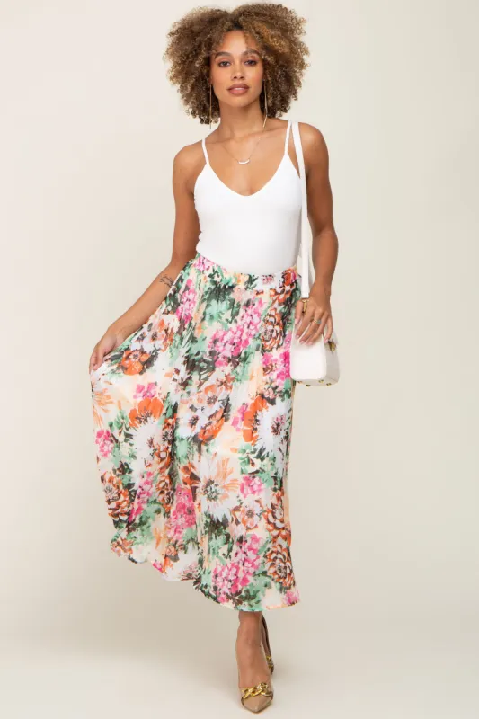 Orange Floral Pleated Midi Skirt sold by Pinkblush