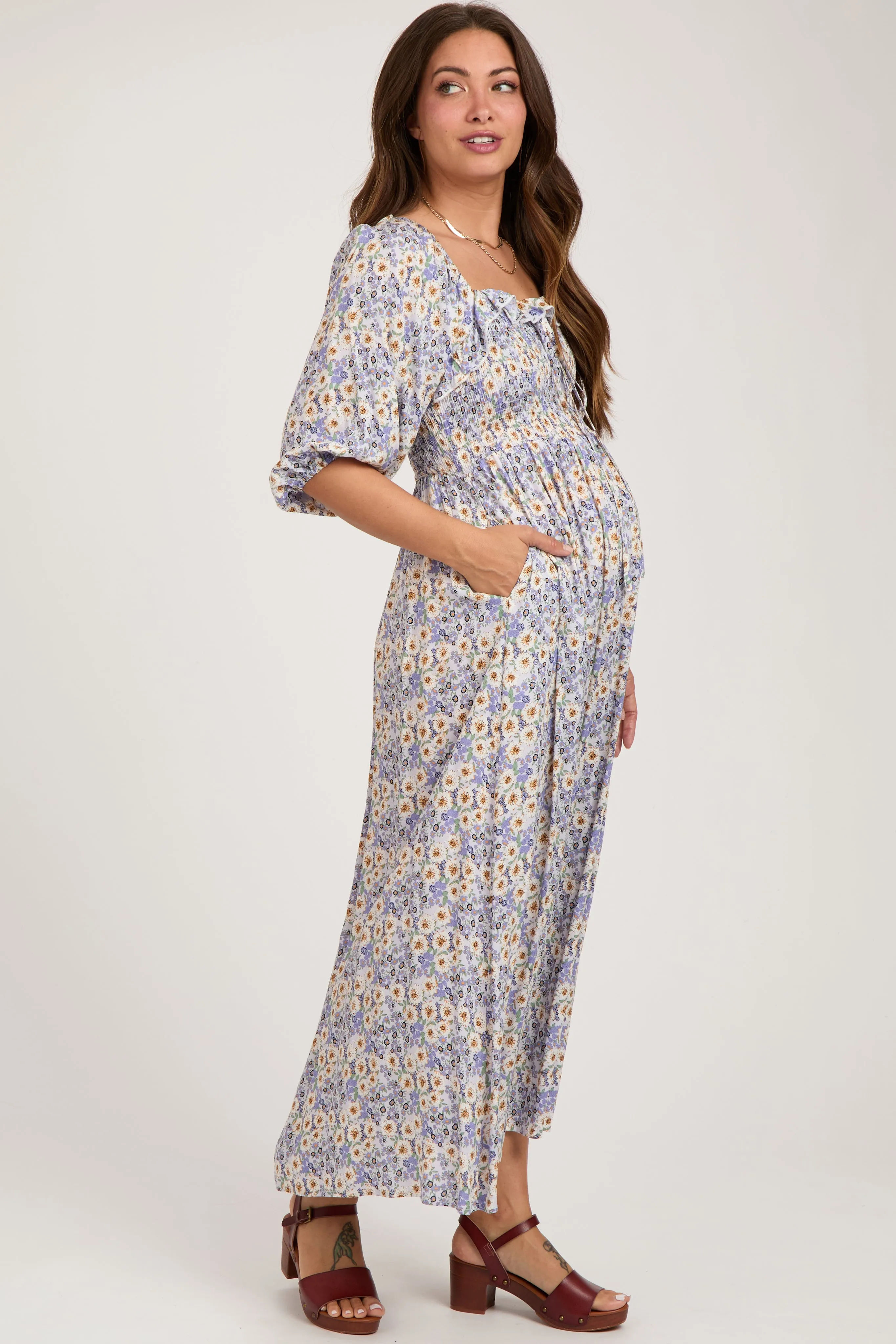 Lavender Abstract Floral Smocked Maternity Maxi Dress sold by Pinkblush product image thumbnail 3