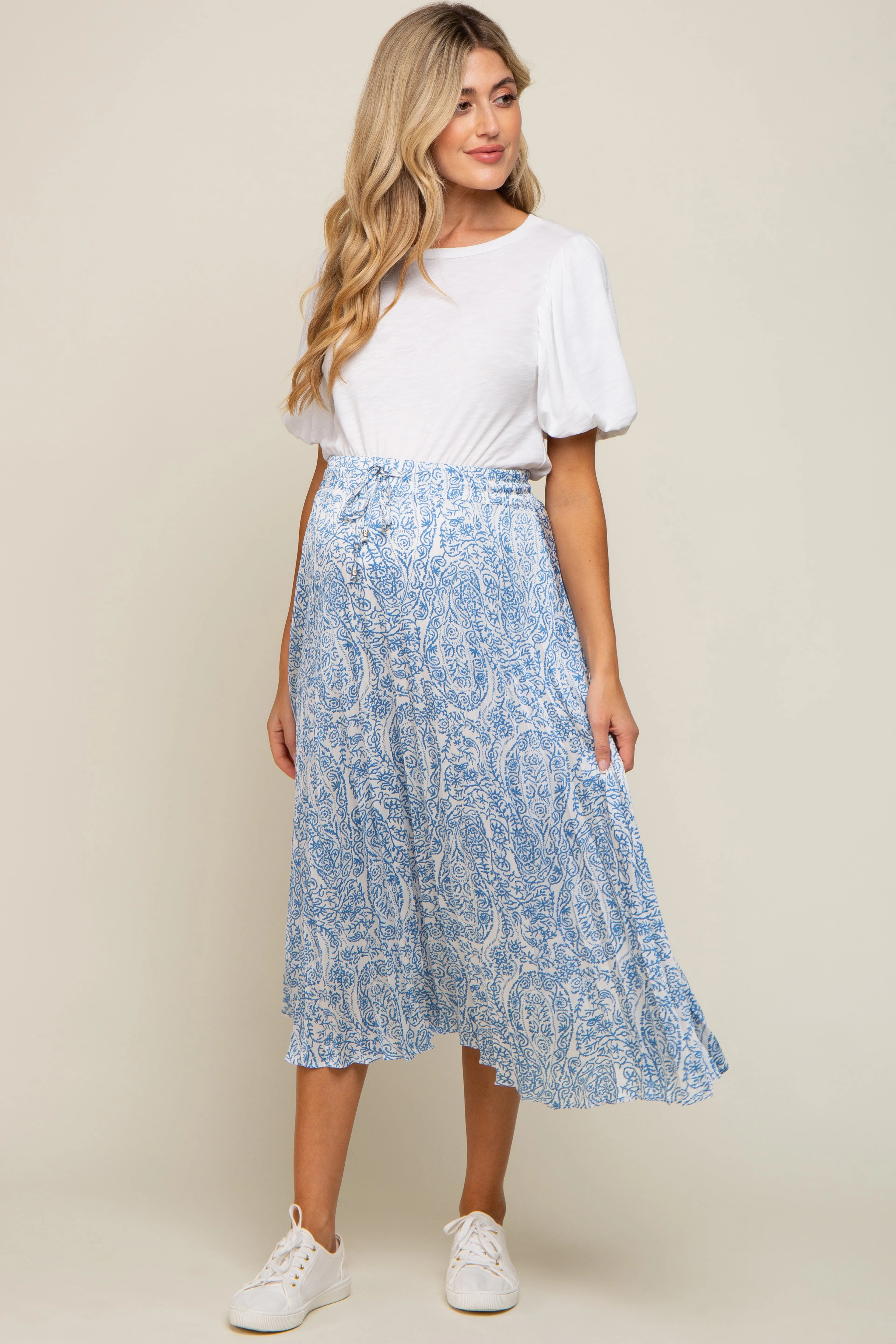 Blue Paisley Pleated Maternity Midi Skirt sold by Pinkblush