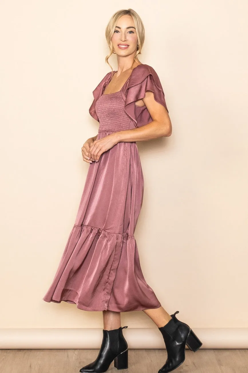 Mauve Satin Flutter Sleeve Midi Dress sold by Pinkblush product image thumbnail 2