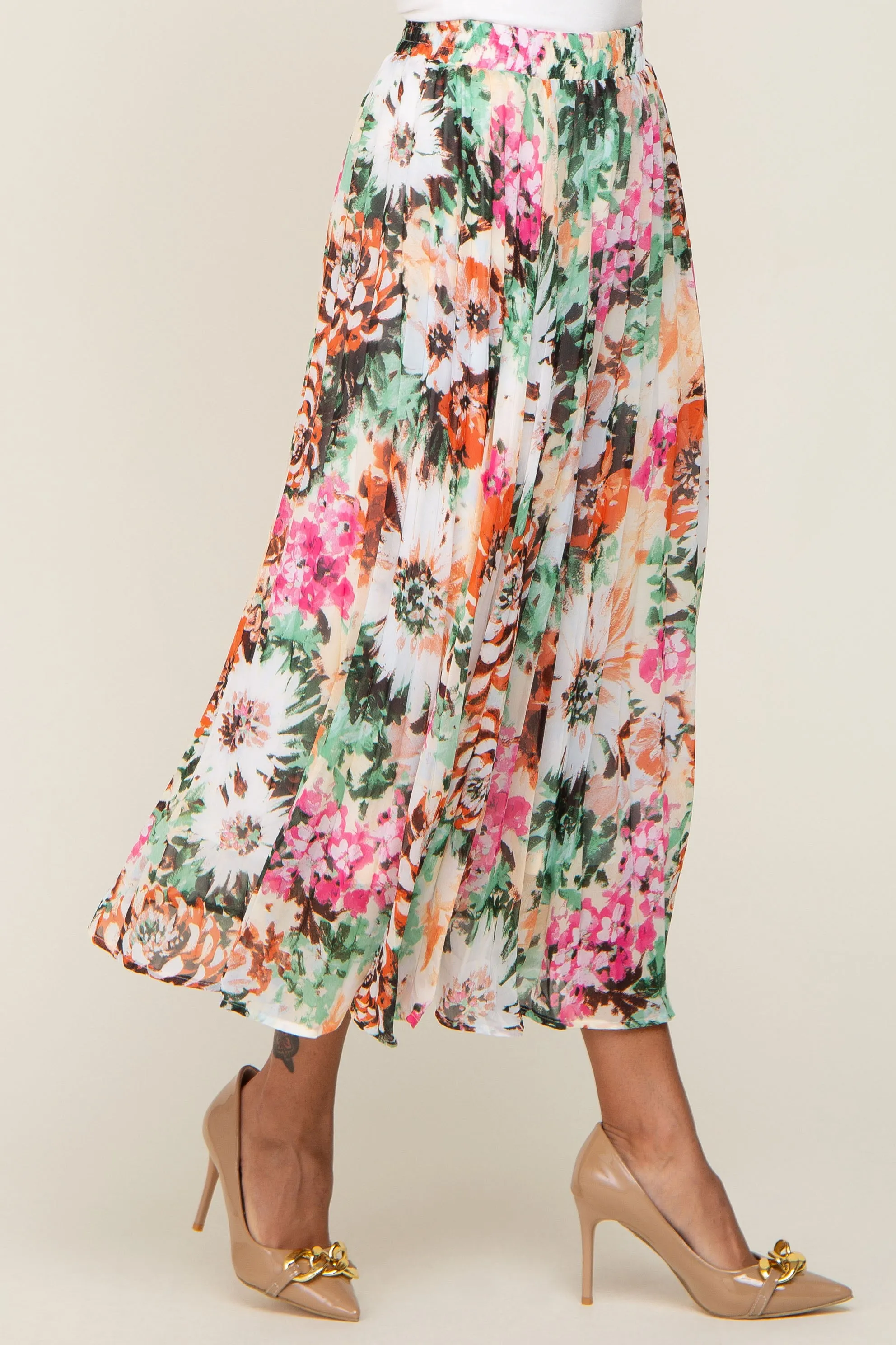 Orange Floral Pleated Midi Skirt sold by Pinkblush product image thumbnail 4