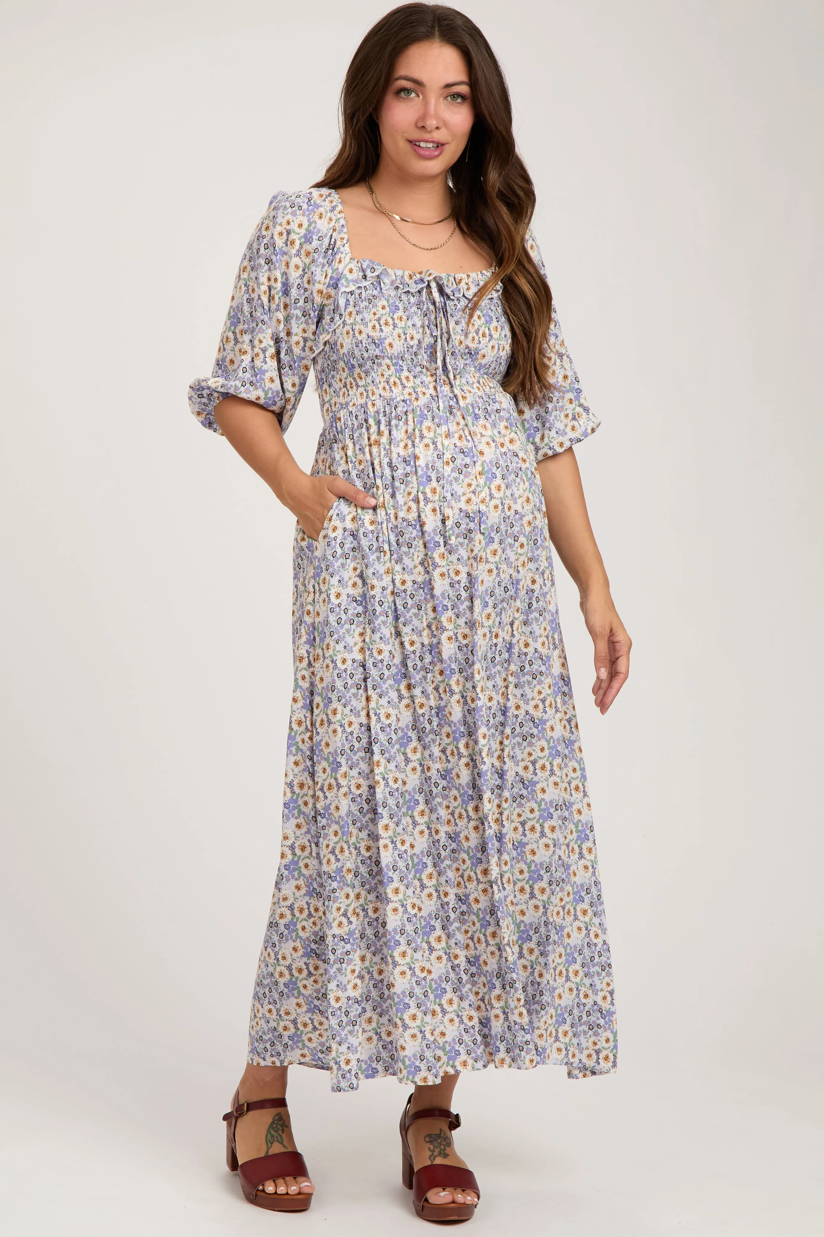 Lavender Abstract Floral Smocked Maternity Maxi Dress sold by Pinkblush