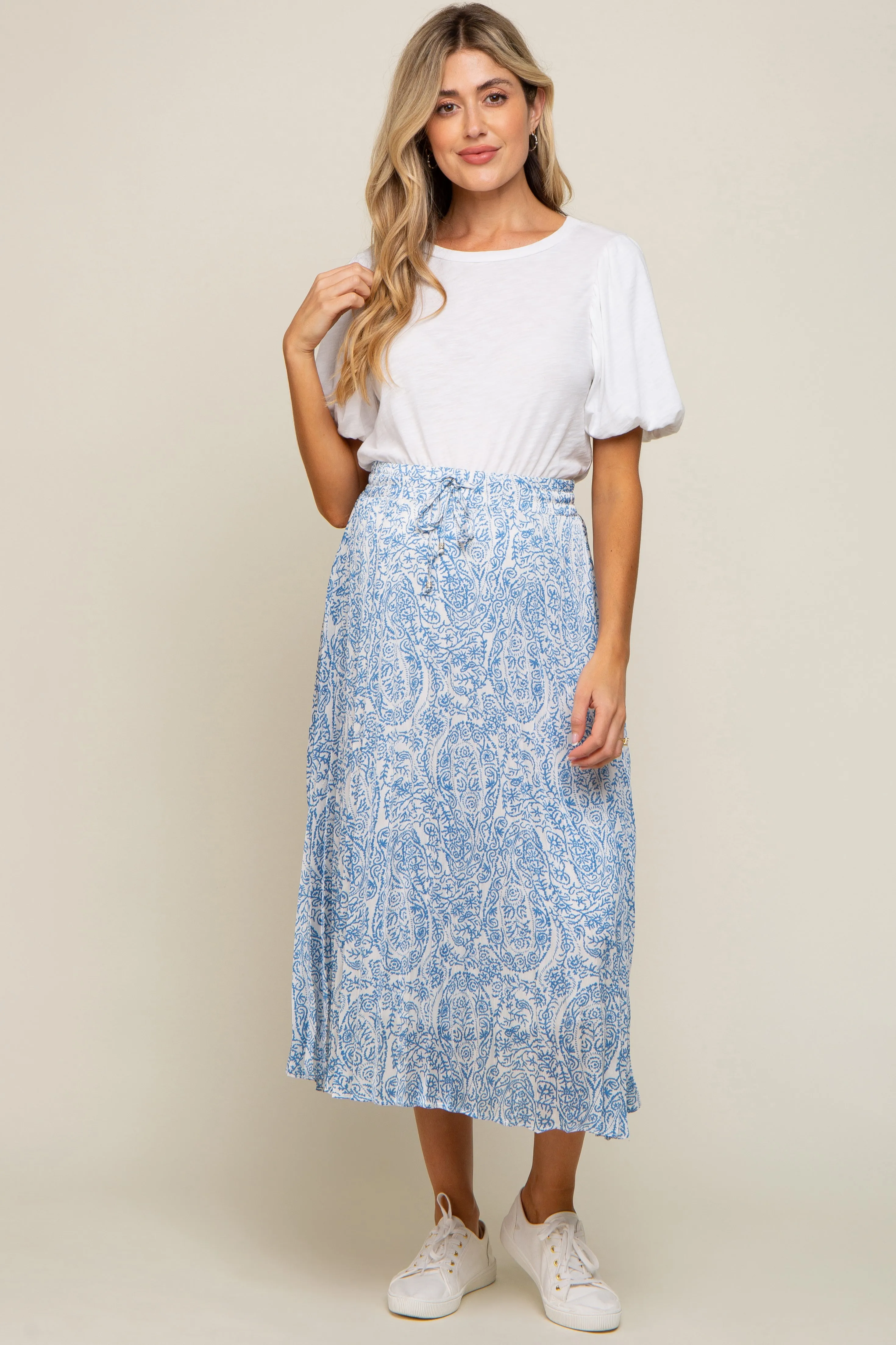 Blue Paisley Pleated Maternity Midi Skirt sold by Pinkblush product image thumbnail 2