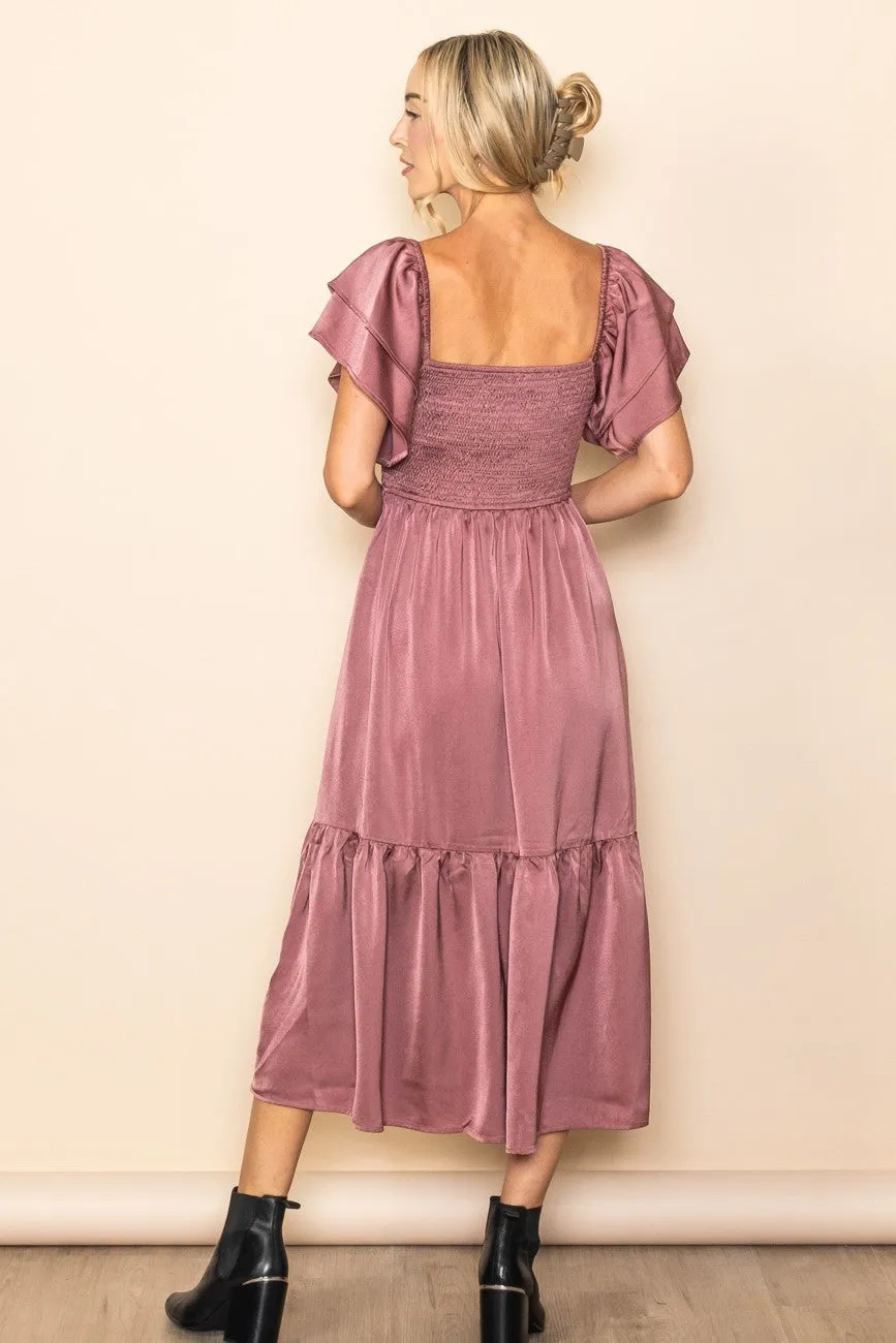 Mauve Satin Flutter Sleeve Midi Dress sold by Pinkblush product image thumbnail 3