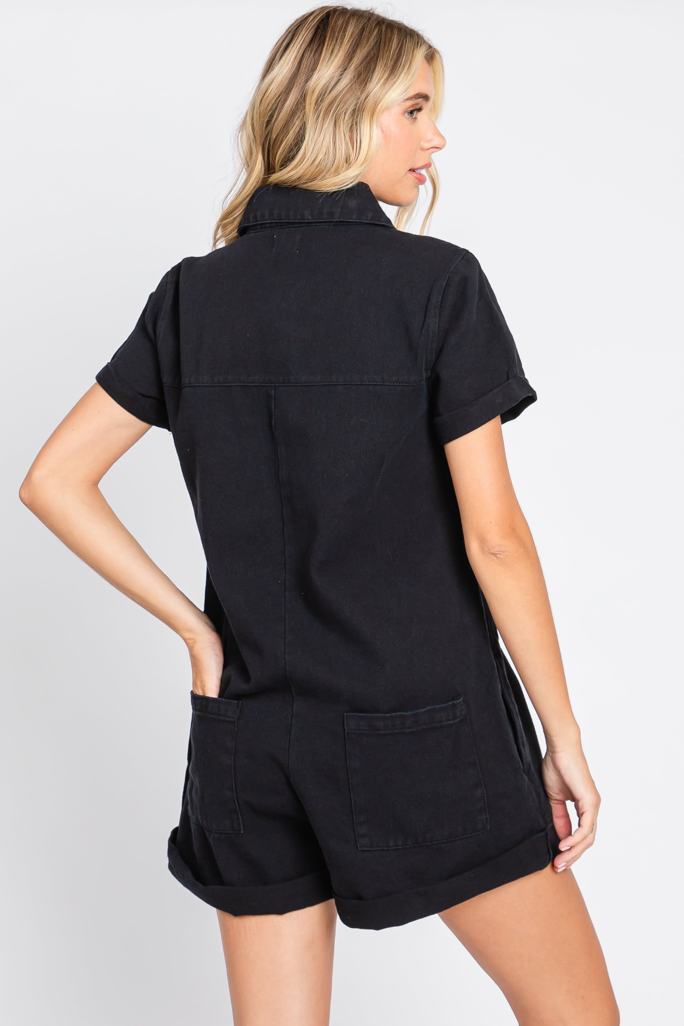 Black Denim Button Front Short Sleeve Romper sold by Pinkblush product image thumbnail 3