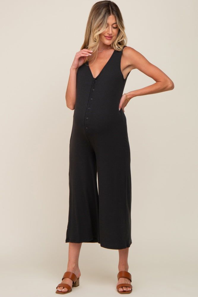 Black Ribbed V-Neck Button Front Crop Maternity Jumpsuit sold by Pinkblush product image thumbnail 4