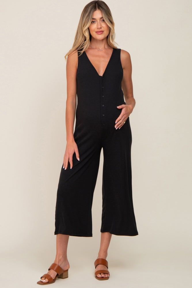 Black Ribbed V-Neck Button Front Crop Maternity Jumpsuit sold by Pinkblush