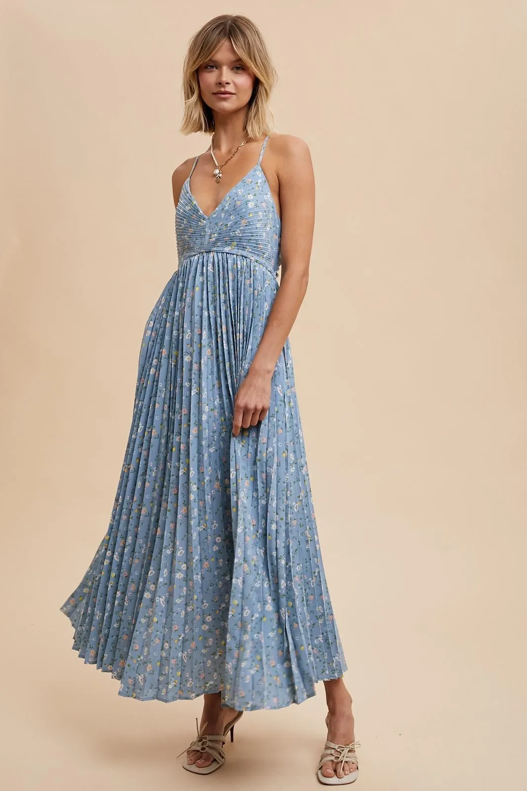 Blue Floral Pleated Back Cutout Maxi Dress sold by Pinkblush