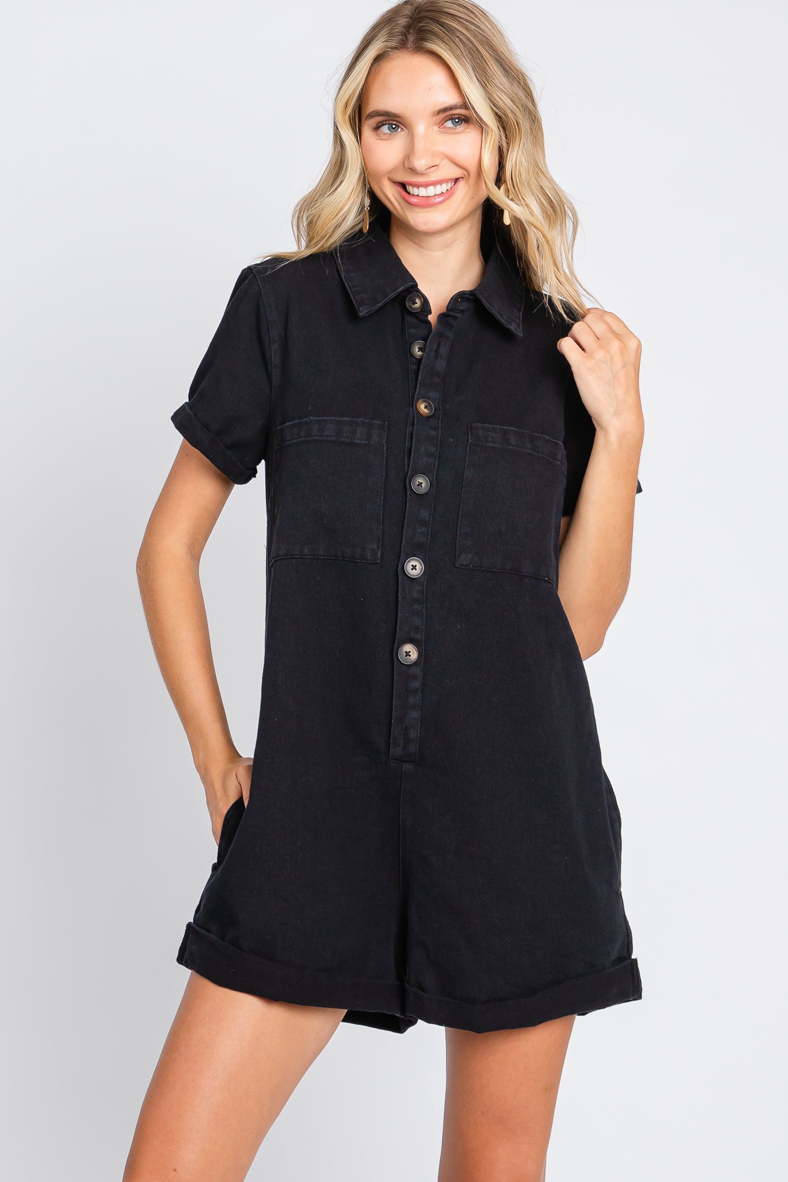 Black Denim Button Front Short Sleeve Romper sold by Pinkblush