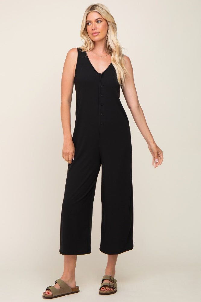 Black Ribbed V-Neck Button Front Crop Maternity Jumpsuit sold by Pinkblush product image thumbnail 5