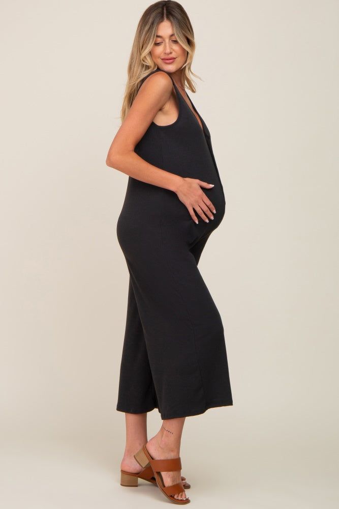 Black Ribbed V-Neck Button Front Crop Maternity Jumpsuit sold by Pinkblush product image thumbnail 2