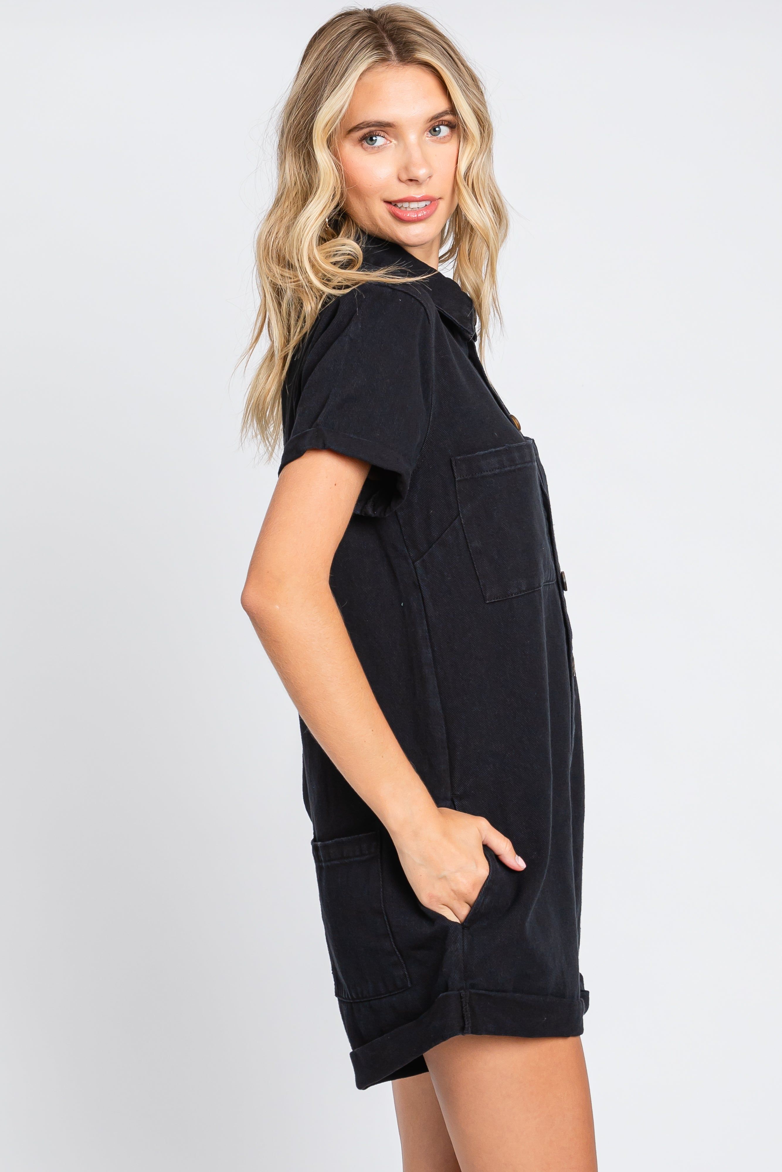 Black Denim Button Front Short Sleeve Romper sold by Pinkblush product image thumbnail 2