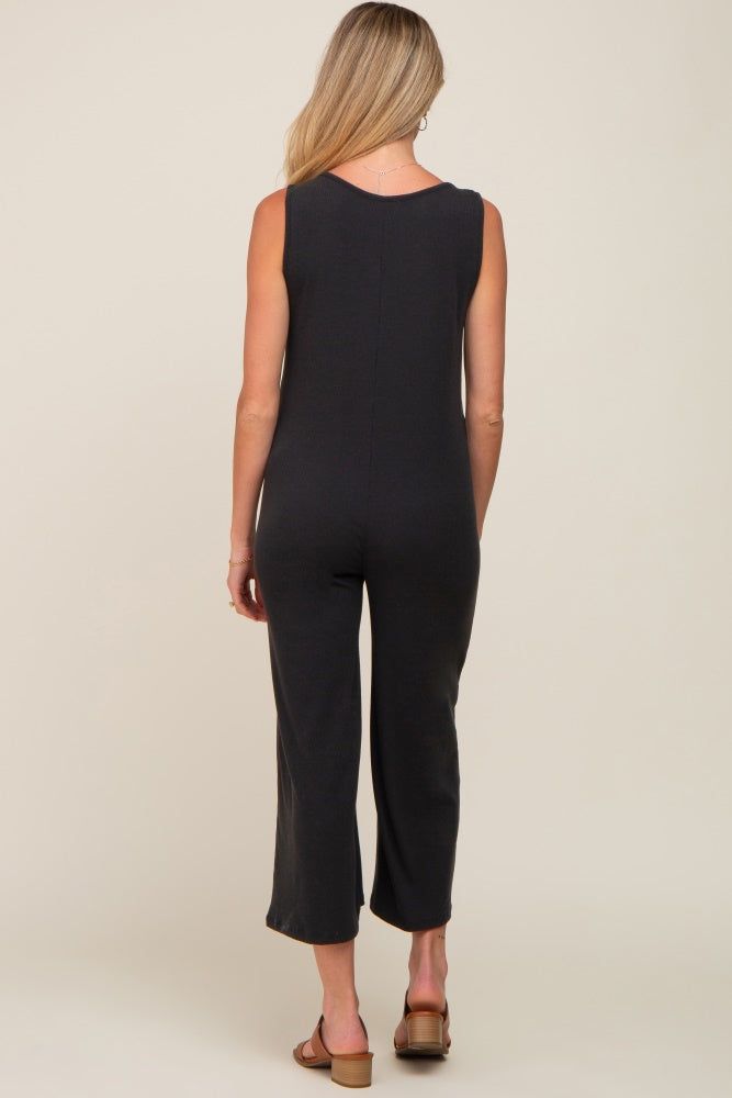 Black Ribbed V-Neck Button Front Crop Maternity Jumpsuit sold by Pinkblush product image thumbnail 3