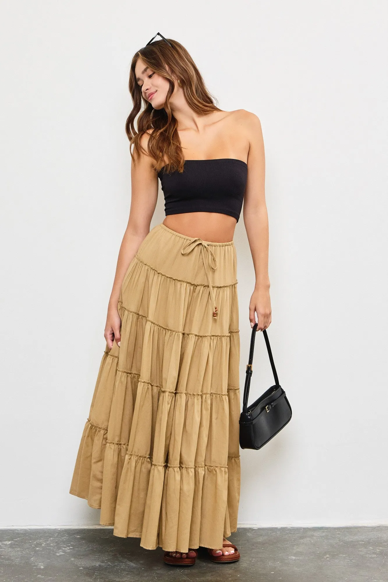 Taupe Drawstring Detail Tiered Maxi Skirt sold by Pinkblush