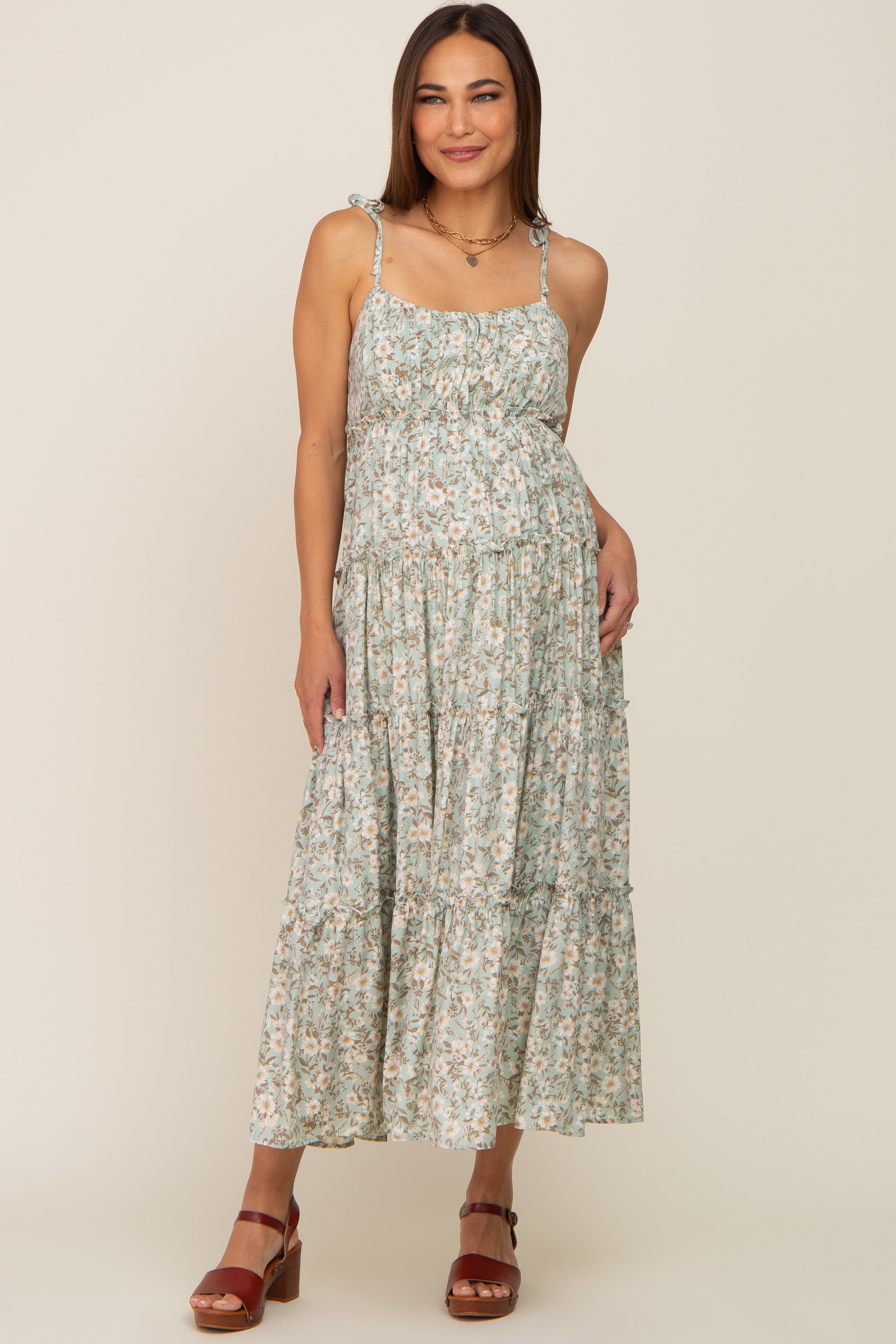 Mint Green Floral Ruffle Tiered Maternity Midi Dress sold by Pinkblush product image thumbnail 4