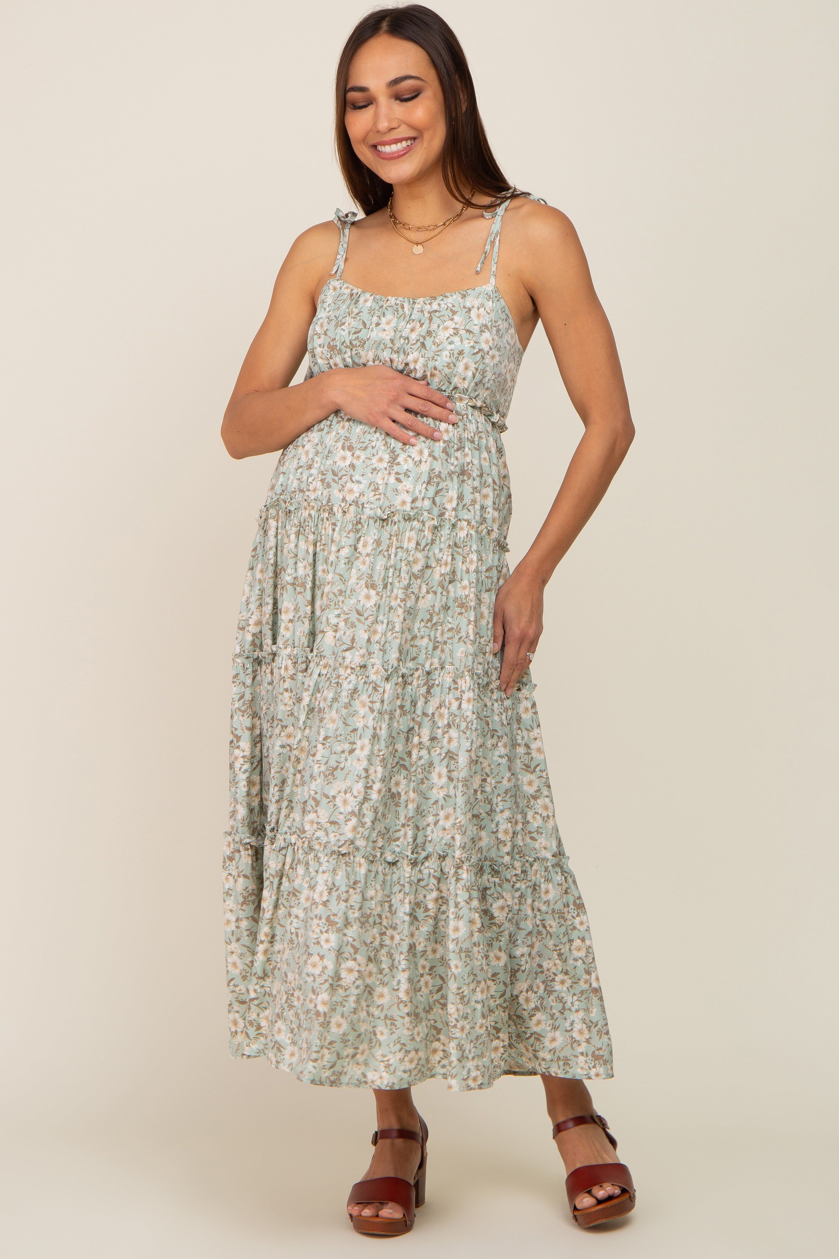 Mint Green Floral Ruffle Tiered Maternity Midi Dress sold by Pinkblush