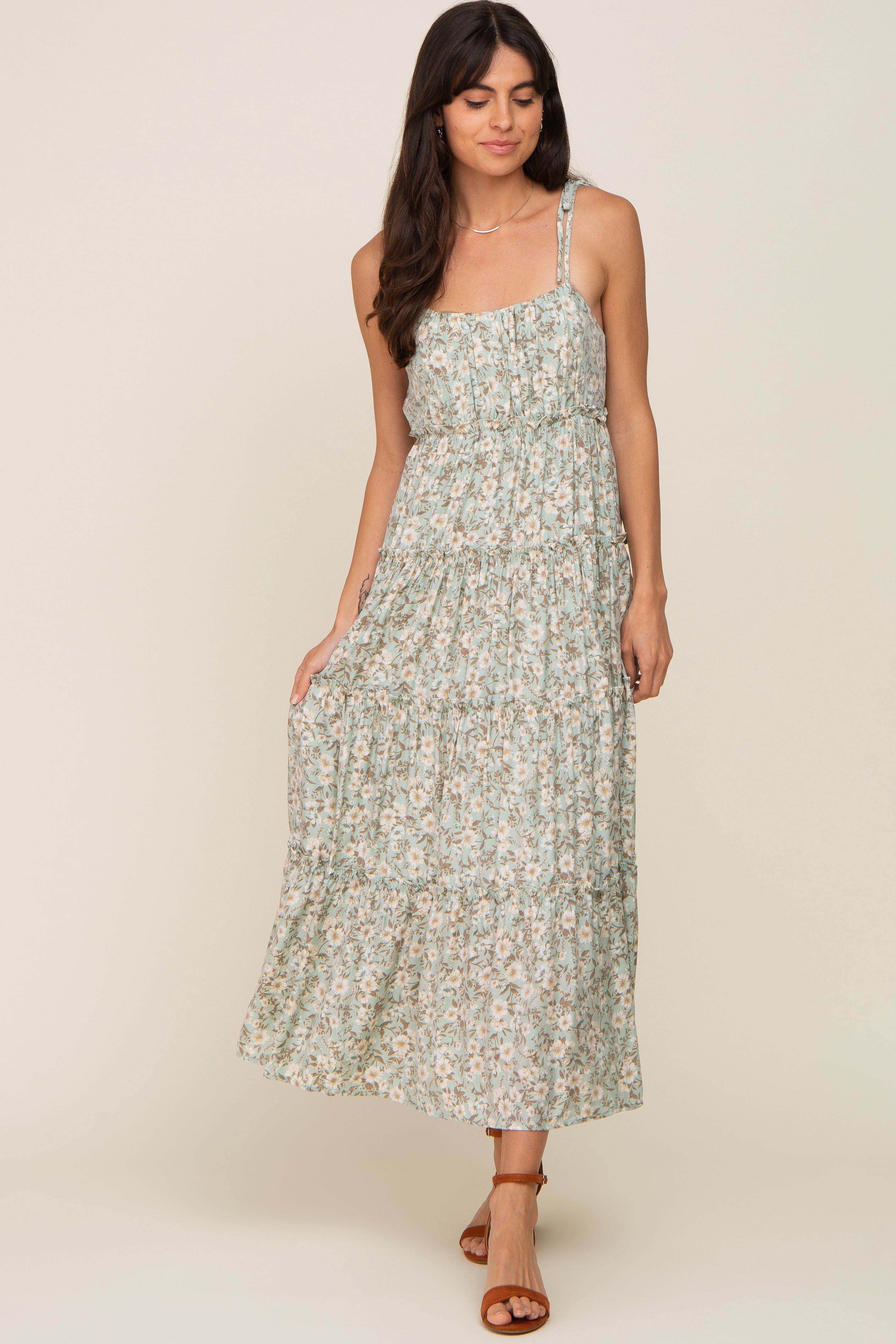 Mint Green Floral Ruffle Tiered Maternity Midi Dress sold by Pinkblush product image thumbnail 5