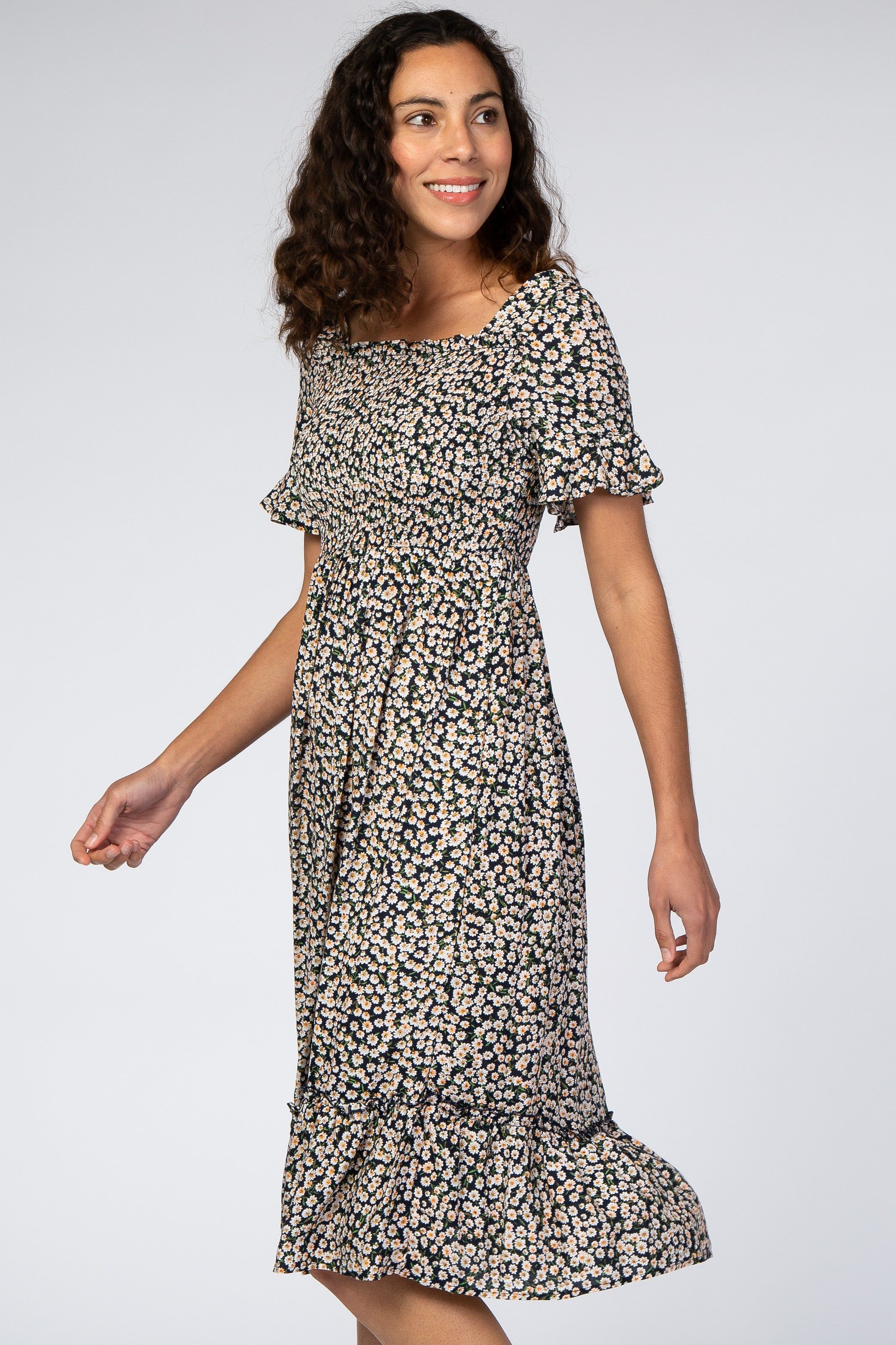 Navy Floral Ruffle Midi Dress sold by Pinkblush product image thumbnail 2