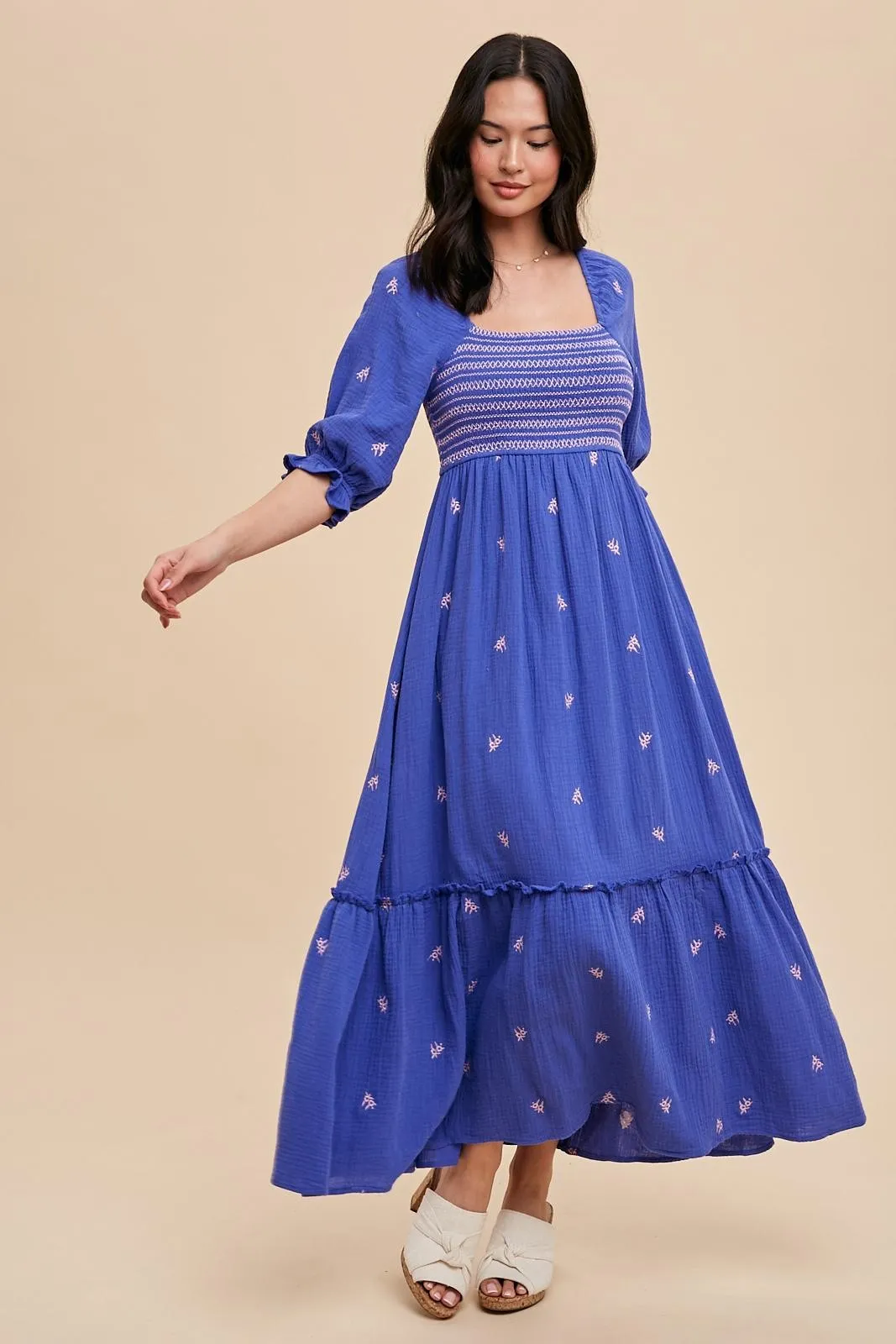 Royal Blue Gauze Smocked Embroidered Square Neck Maternity Midi Dress sold by Pinkblush product image thumbnail 5