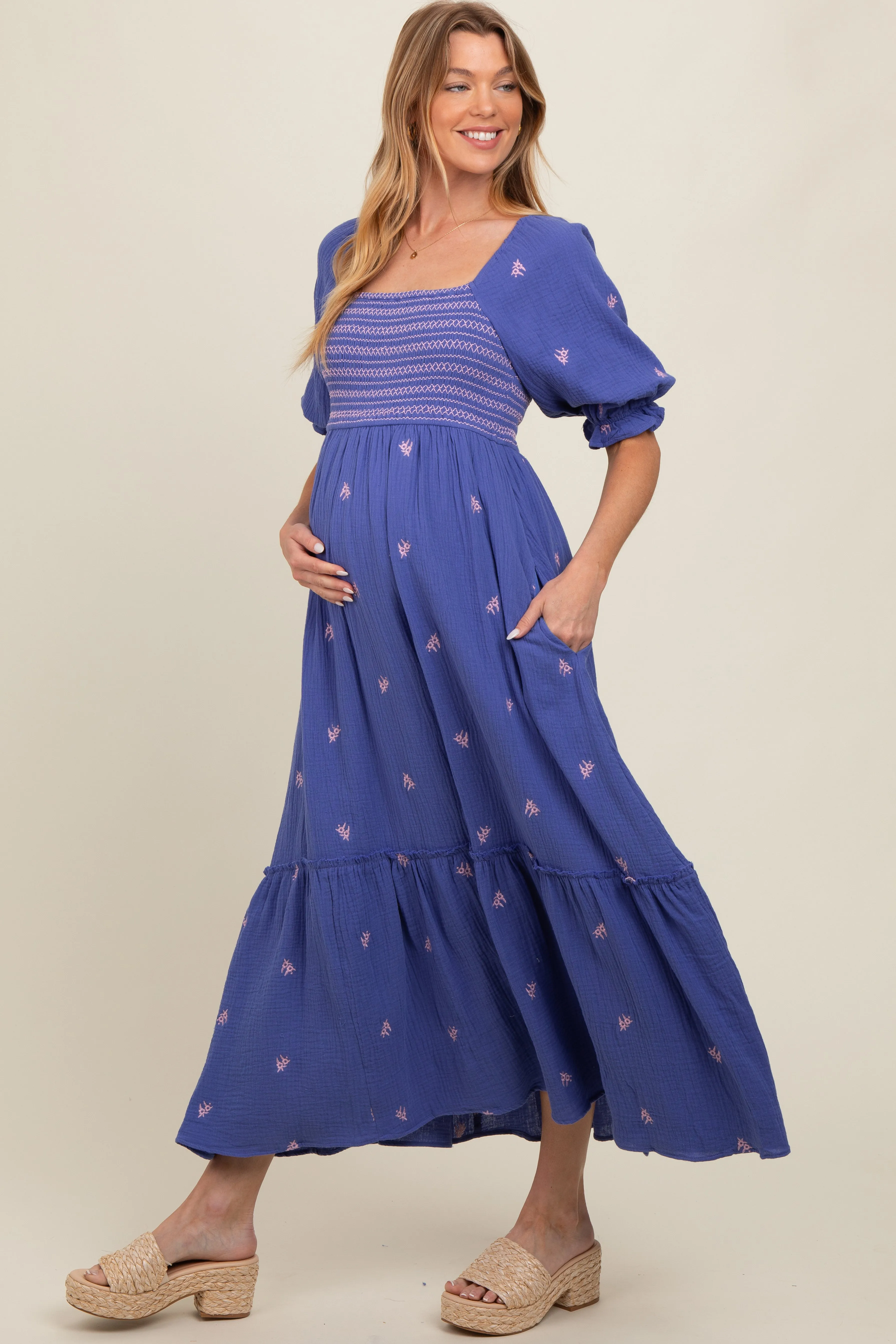 Royal Blue Gauze Smocked Embroidered Square Neck Maternity Midi Dress sold by Pinkblush product image thumbnail 2