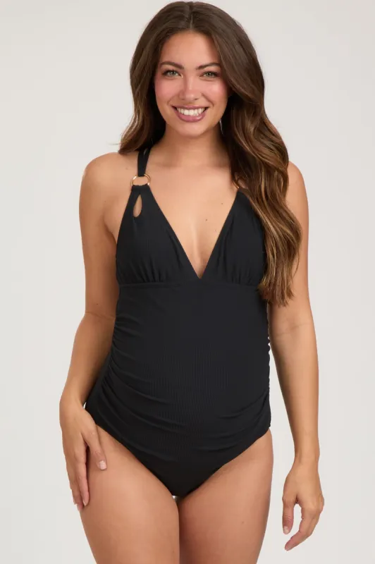 Black Ribbed V-Neck Ruched Criss Cross Low Back Maternity One Piece Swimsuit sold by Pinkblush